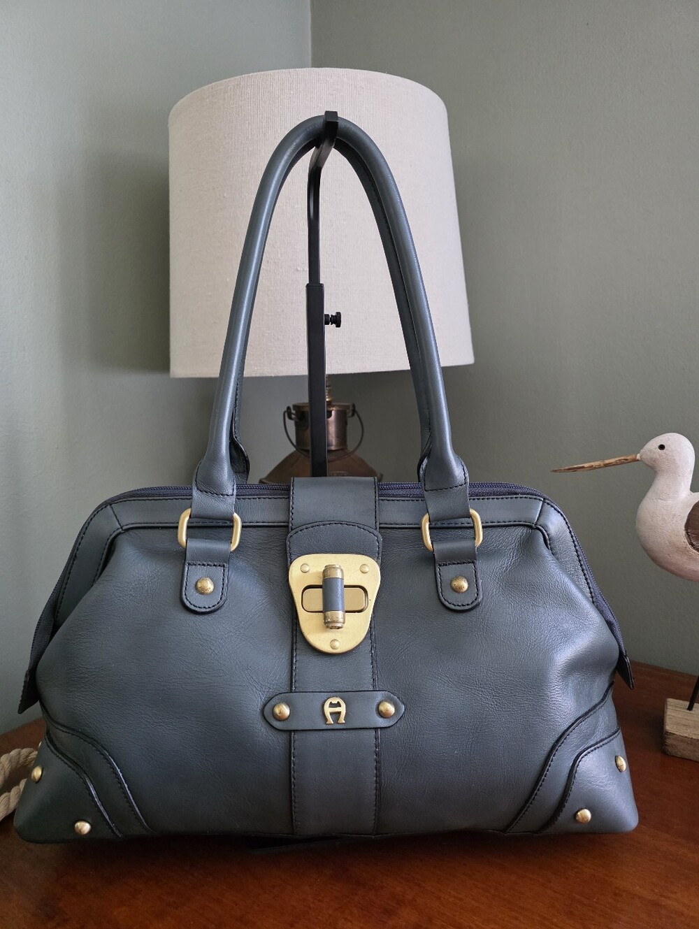 Etienne Aigner Doctor Satchel Smoky Teal Leather Shoulder Bag Purse Y2K
